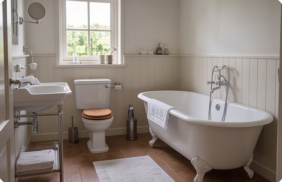 Badkamer met vrijstaand bad en toilet