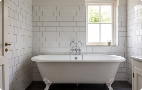 Witte betegelde badkamer met bad