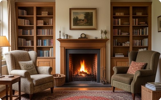 Zitkamer met boekenkasten en brandende haard