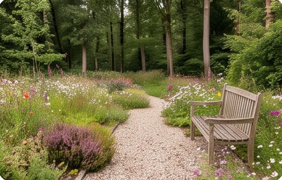 Bloementuin met grindpad en bankje