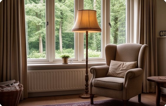 Leesstoel bij het raam met schemerlamp