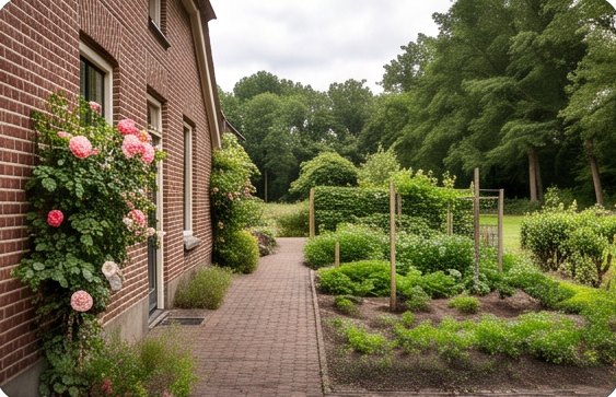 Pad langs de moestuin met rozen