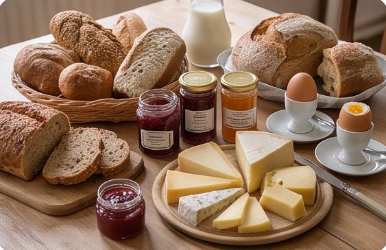 Ontbijt met brood, kaas en jam
