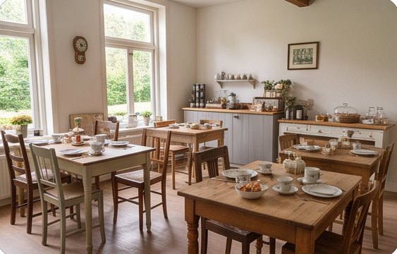 De ontbijtzaal met losse tafels
