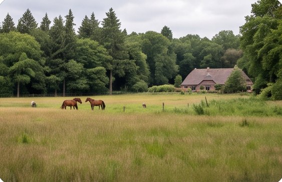 Paarden in het weiland voor het huis