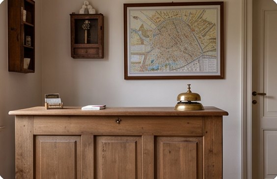 De balie in de hal met een kaart aan de muur