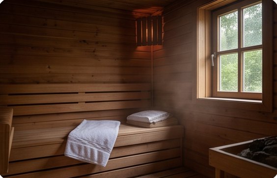 Finse sauna van hout met uitzicht op het bos