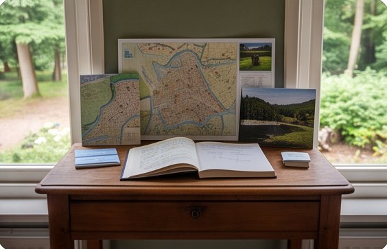 Schrijftafel met wandelkaarten en gastenboek