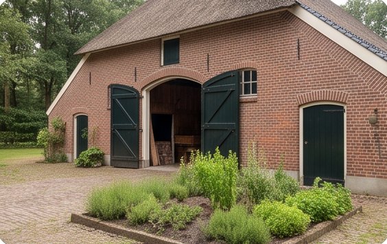 De schuur met groene deuren en kruidentuin