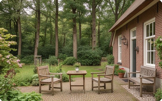 Terras met houten stoelen naast het huis