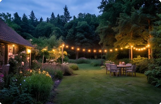 De tuin bij avond met lichtsnoeren