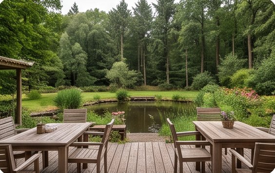 De vijver achter in de tuin met terras