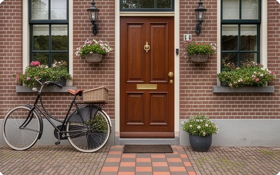 De voordeur met bloembakken en een fiets